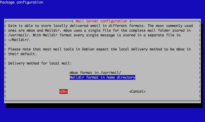 Exim maildirs or mbox configuration on Debian 5.
