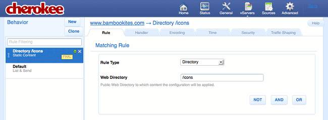 Deleting rules on the Rule tab of the vServers page of the Cherokee admin panel on Fedora 13.