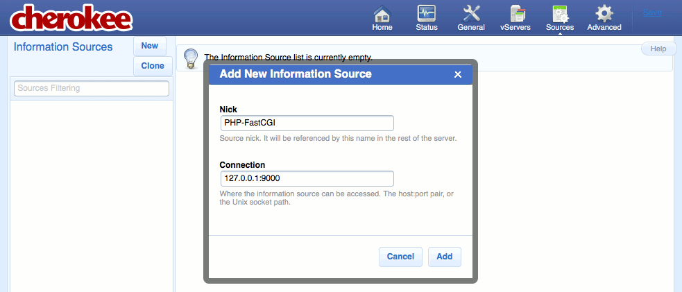 Creating a new information source on the &ldquo;Sources&rdquo; page of the Cherokee admin panel on Fedora 13.